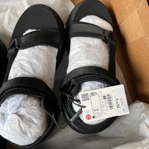 Zara Black Lug Sole Strappy Sandals, Size 10/41 - Picture 5 of 6